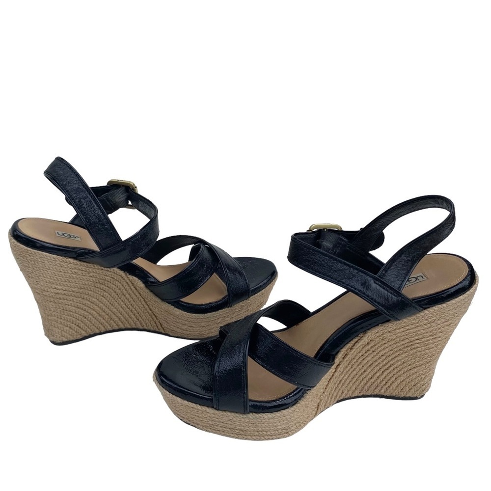 UGG Women’s Jacqueline Espadrille Black Patent Wedge Sandals, Ankle Strap Size 8 - Picture 14 of 15